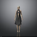 Woman In Gray High Neck Front Slit Dress With Blonde Hair Standing Against Gray Background