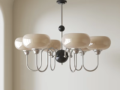 Modern Minimalist Chandelier With Five Beige Glass Shades Silver Frame And Black Ball Accent 3d model
