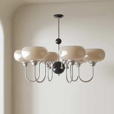 Modern Minimalist Chandelier With Five Beige Glass Shades Silver Frame And Black Ball Accent 3d model