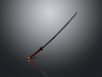 Shiny Samurai Sword Featuring Black Blade And Red Decorated Handle On Gray Background 3d model