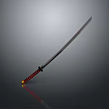 Shiny Samurai Sword Featuring Black Blade And Red Decorated Handle On Gray Background
