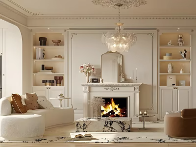 Elegant Living Room Interior With Fireplace Mirror Chandelier White Sofa And Decorative Shelves 3d model