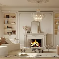 Elegant Living Room Interior With Fireplace Mirror Chandelier White Sofa And Decorative Shelves