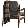 Wooden Frame Leisure Chair With Gray Geometric Pattern Cushion And Plaid Fringe Blanket