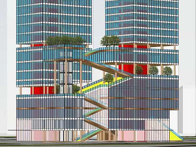 Modern Twin Office Building With Glass Curtain Walls Spiral Staircase And Landscaped Greenery Accents 3d model
