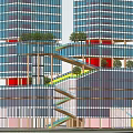 Modern Twin Office Building With Glass Curtain Walls Spiral Staircase And Landscaped Greenery Accents