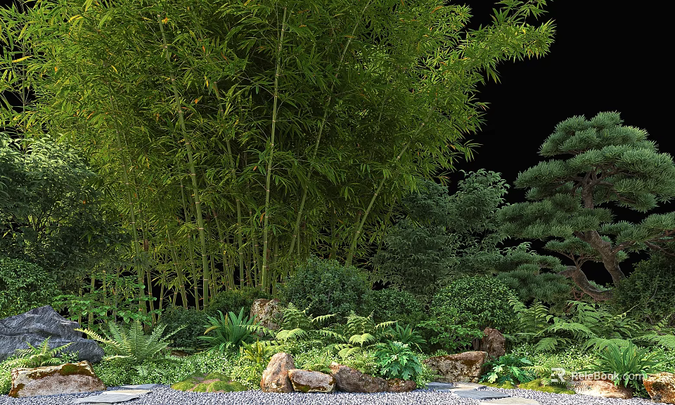 Shrubs in Natural Landscape With Tall Bamboo Grove Pine Trees Stones and Various Green Plants 3d model 