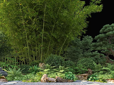 Shrubs in Natural Landscape With Tall Bamboo Grove Pine Trees Stones and Various Green Plants 3d model