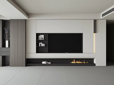 Modern Minimalist TV Wall Design With Built in TV White Panels Wooden Accents And Fireplace 3d model