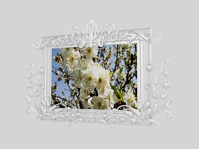 Ornate White Photo Frame With Carved Design Holding White Flowers And Blue Sky 3d model