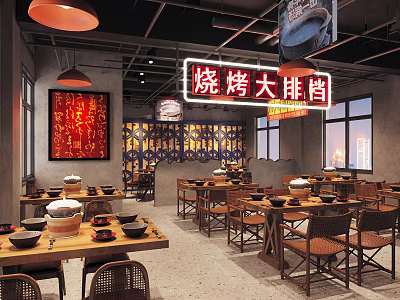 Chinese-style Hot Pot Restaurant Interior With Neon Sign Wooden Tables And Red Decorations 3d model