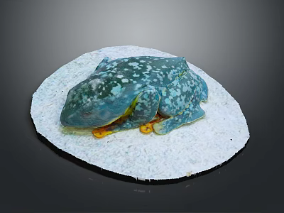 Blue Green Spotted Reptile Resting On White Circular Surface With Yellow Objects 3d model
