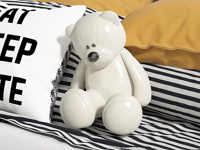 White Teddy Bear Doll Sitting On Striped Bed With Pillows 3d model