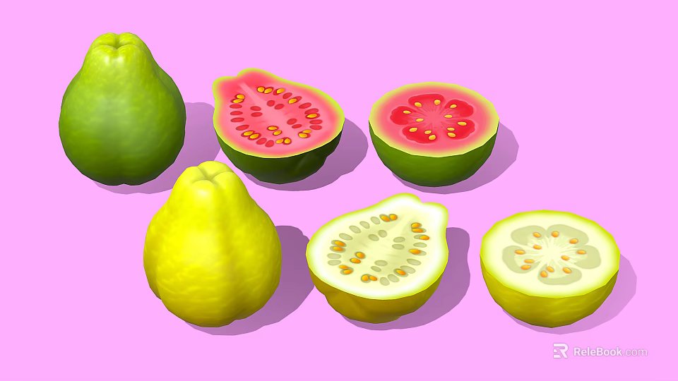 Fresh Guava Whole And Sliced With Red White Flesh And Seeds On Pink Background 3d model 