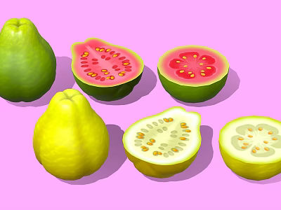 Fresh Guava Whole And Sliced With Red White Flesh And Seeds On Pink Background 3d model