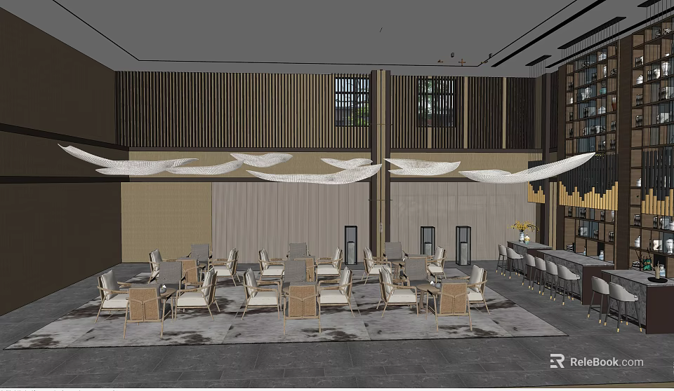 Modern Leisure Area Interior With Comfortable Sofas Chairs Bar Counter And Pendant Lights 3d model