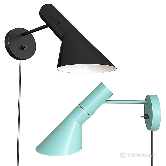 Modern Black and Mint Green Wall Sconces with Conical Shades and Extended Arms 3d model 