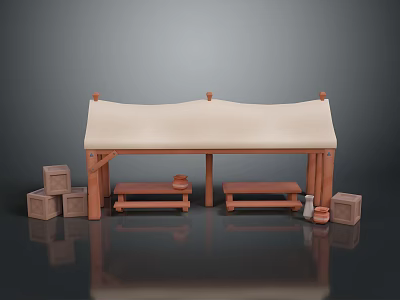 Outdoor Wooden Canopy Structure With Benches Clay Pots And Wooden Boxes 3d model