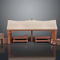Outdoor Wooden Canopy Structure With Benches Clay Pots And Wooden Boxes