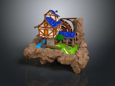 Idyllic Landscape With Small House Windmill Rocky Terrain Water Stream And Green Grass 3d model