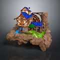Idyllic Landscape With Small House Windmill Rocky Terrain Water Stream And Green Grass