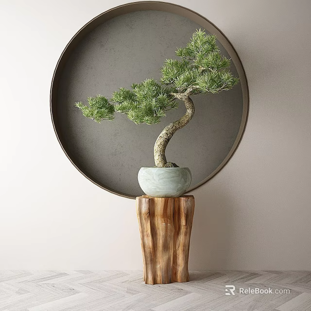 Light Gray Circular Background Wall With Bonsai Pine Tree On Wooden Stand 3d model