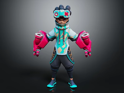 Stylized Futuristic 3D Character With Mechanical Headgear Teal Pink Outfit And Armored Gloves 3d model