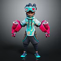 Stylized Futuristic 3D Character With Mechanical Headgear Teal Pink Outfit And Armored Gloves