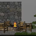 Landscape Seating With Wooden Chairs Circular Fire Pit Stone Wall And Green Plants
