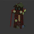 Wooden Watchtower With Green Roof Ladder Colorful Circular Decorations And Wooden Bucket At Base