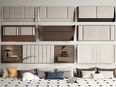 Diverse Upholstered Headboards In Bedroom With Bed Pillows And Decor 3d model