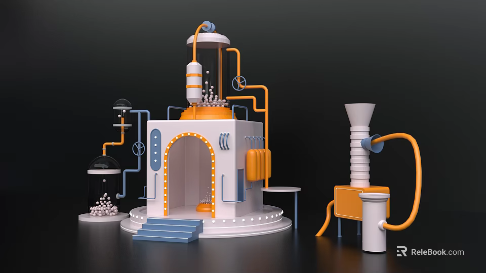 3D Model of Laboratory Equipment with White Orange Pipes Circular Structure Console and Steps 3d model 