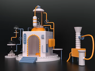 3D Model of Laboratory Equipment with White Orange Pipes Circular Structure Console and Steps 3d model