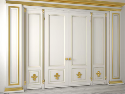 Elegant White Double Doors With Gold Decorative Trim And Ornate Accents 3d model