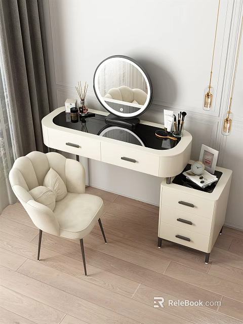 Modern White Dressing Table With Round Mirror Comfortable Chair And Makeup Items 3d model