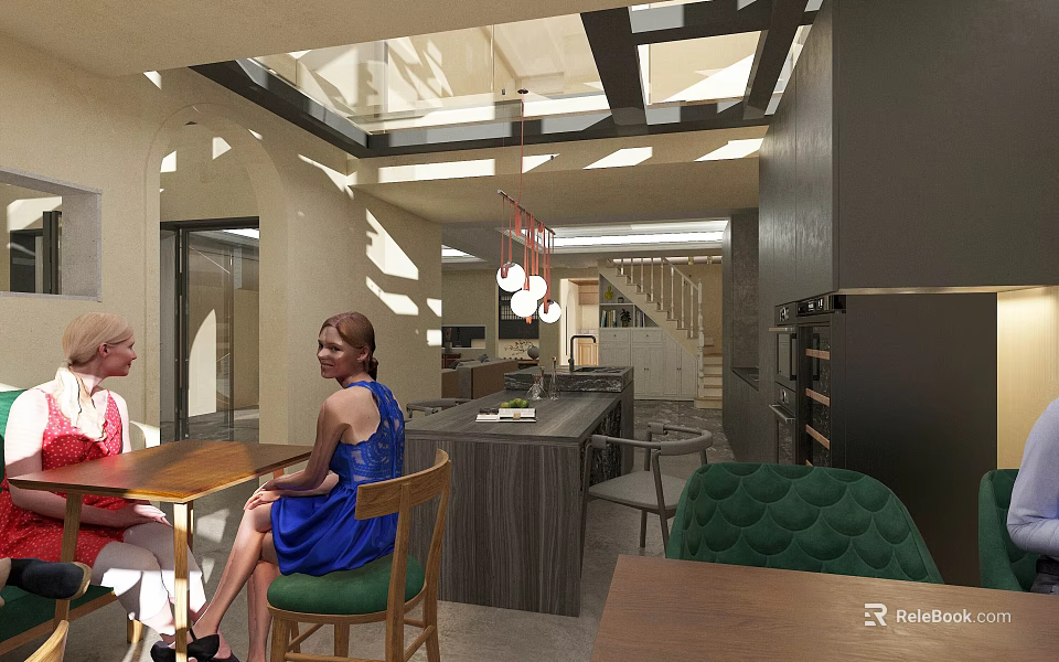 Bright Modern Dining Kitchen Interior Design With Skylight Pendant Lights Dining Table And People 3d model 