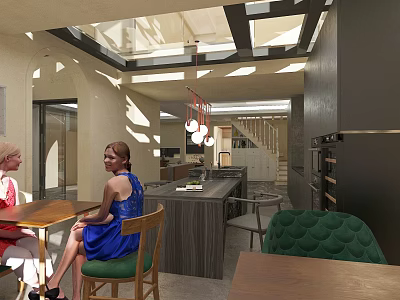 Bright Modern Dining Kitchen Interior Design With Skylight Pendant Lights Dining Table And People 3d model