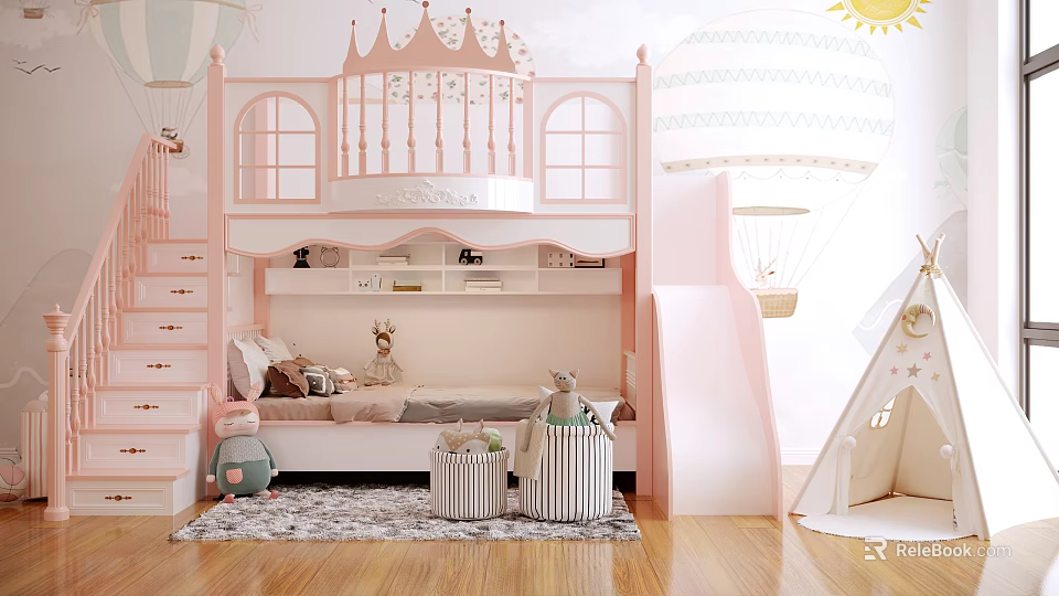 Pink Kids Bunk Bed With Slide Stairs And Crown Decoration In Playful Room 3d model 