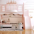 Pink Kids Bunk Bed With Slide Stairs And Crown Decoration In Playful Room