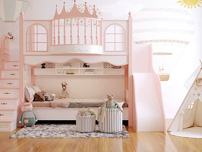Pink Kids Bunk Bed With Slide Stairs And Crown Decoration In Playful Room 3d model