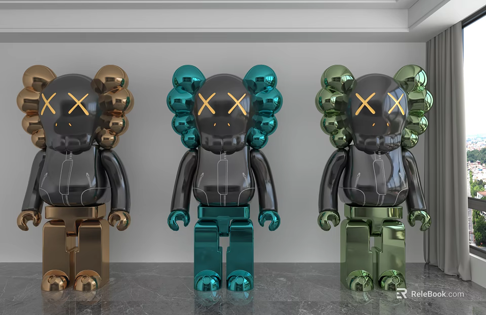 Modern Decorative Figurine Set with Metallic Finish XX Eyes Balloon Ears in Gold Teal Green 3d model 