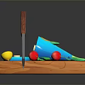 Sliced Salmon on Wooden Cutting Board with Cleaver Knife Small Tomato and Half Lemon