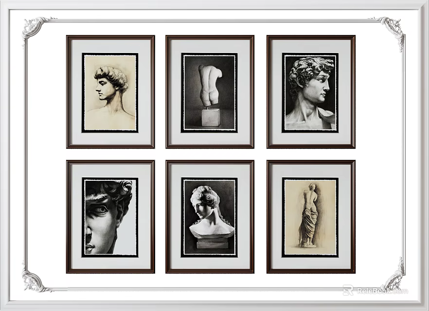 Six Framed Figure Drawings With Black And White Artistic Portrait Designs 3d model 