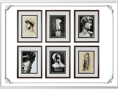 Six Framed Figure Drawings With Black And White Artistic Portrait Designs 3d model