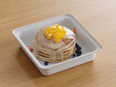 Stack of Fluffy Pancakes in White Container Topped with Mango Chunks Syrup and Blueberries 3d model