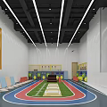Kindergarten Indoor Activity Space With Blue Track Green Lawn Black Cube And Colorful Cones