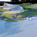 Modern Park Landscape With Curved Architecture Lake Paths And Green Spaces