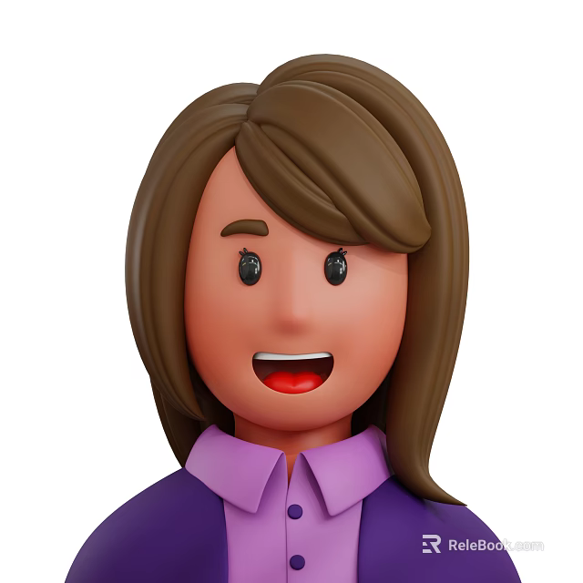 Cartoon Woman With Brown Long Hair Purple Shirt And Smiling Friendly Face 3d model 