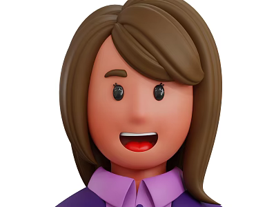 Cartoon Woman With Brown Long Hair Purple Shirt And Smiling Friendly Face 3d model