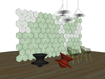 Stylish Leisure Chairs With Green White Hexagonal Pattern Wall Wooden Floor And Hanging Pendant Lights 3d model